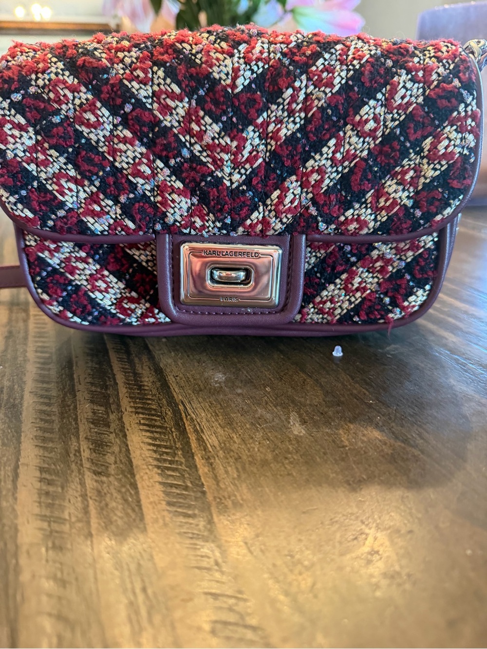 Karl Lagerfeld Red, Black and Cream Tweed Chain Crossbody - Picture 2 of 5